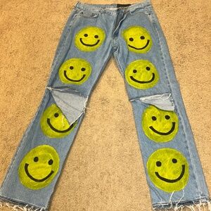 Custom @shop1of1sbyjolie Denim Jeans With Hand Painted Smiley Faces